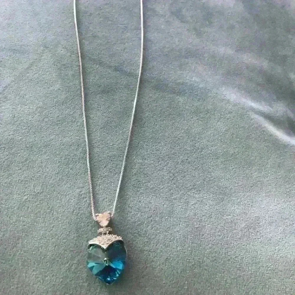 Blue Heart Crystal Pendant Necklace Silver Tone Statement